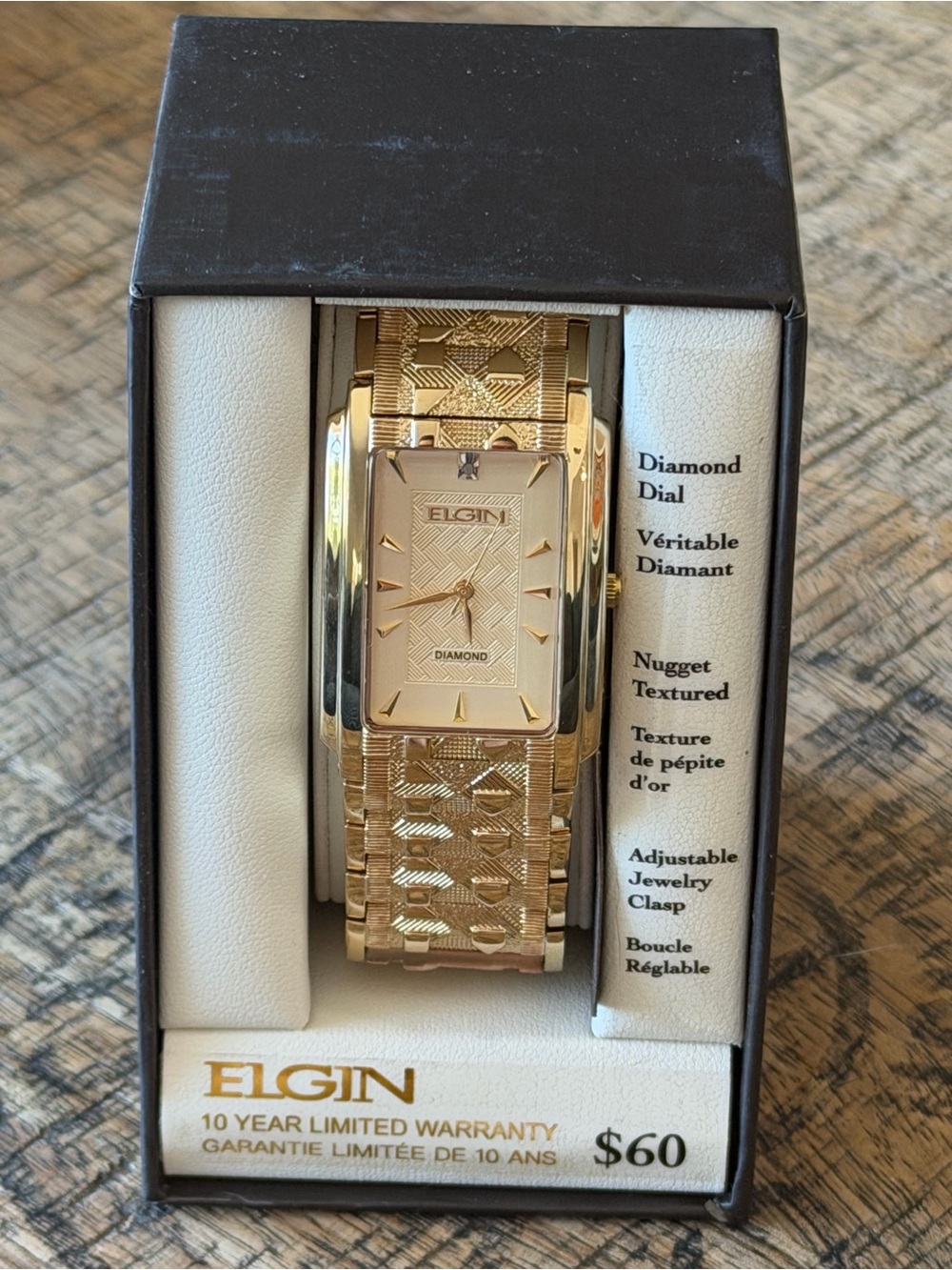 New! Elgin Gold Tone 28mm Diamond Dial Rectangular Men’s Watch